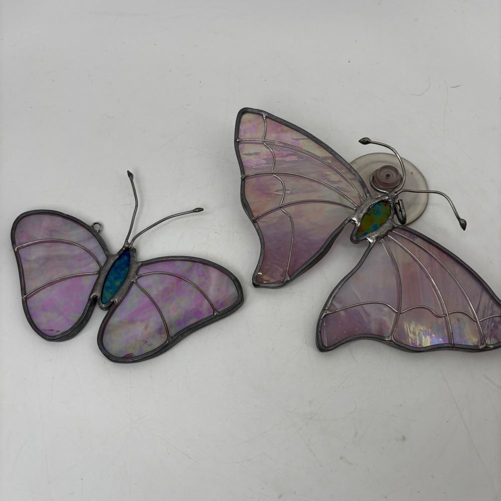 Vintage Stained Glass Butterfly Suncatcher Set Iridescent Purple Pink 2pc